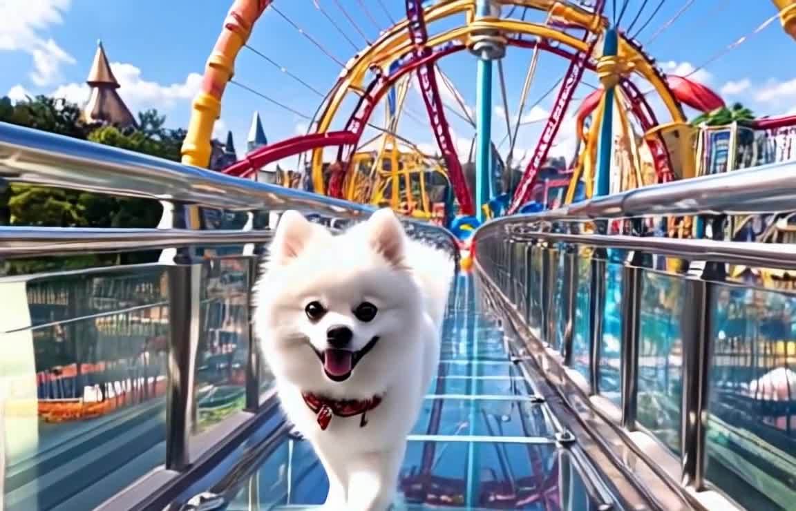 玻璃栈桥上开心的博美犬与游乐设施