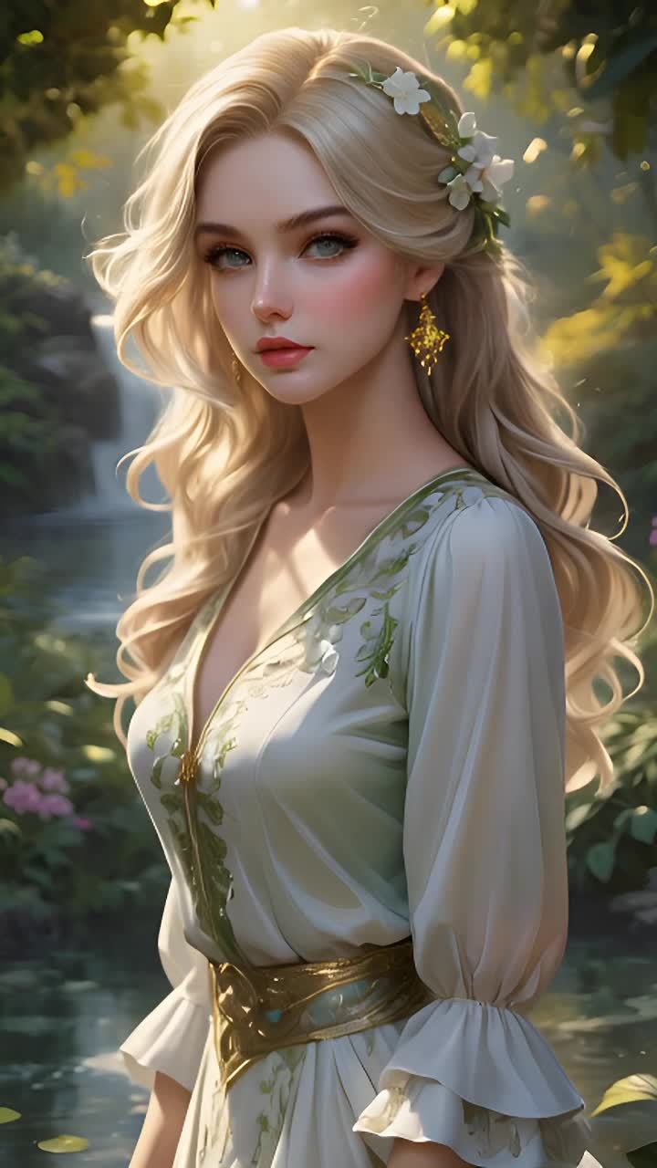 一个有着金色波浪长发的女性，佩戴着花环和金色耳环，