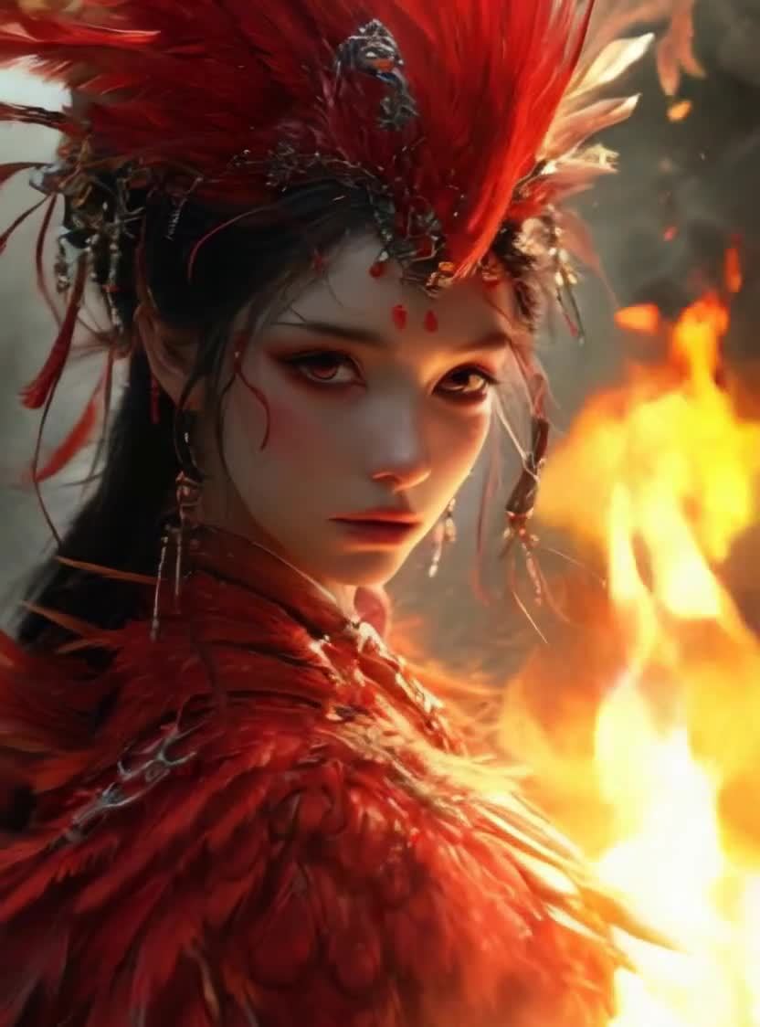 红色羽毛装扮女子火焰背景