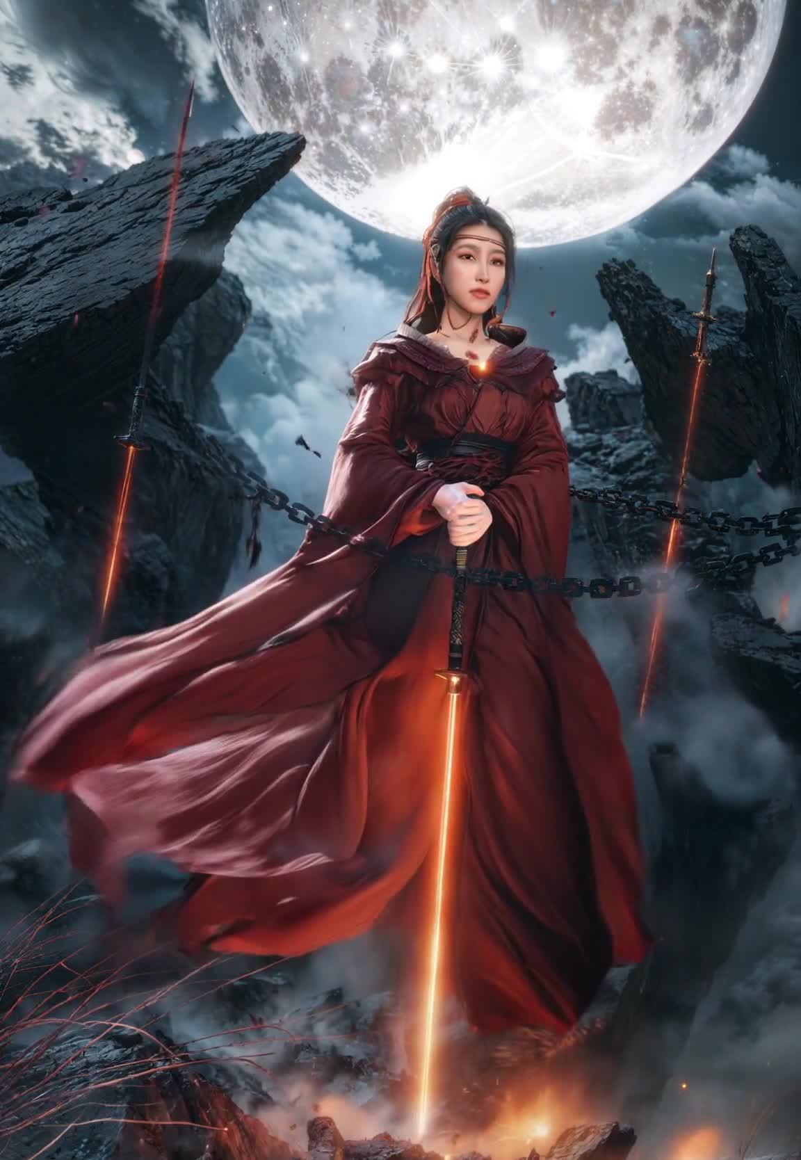 持光剑红衣女子立于月下，氛围奇幻。