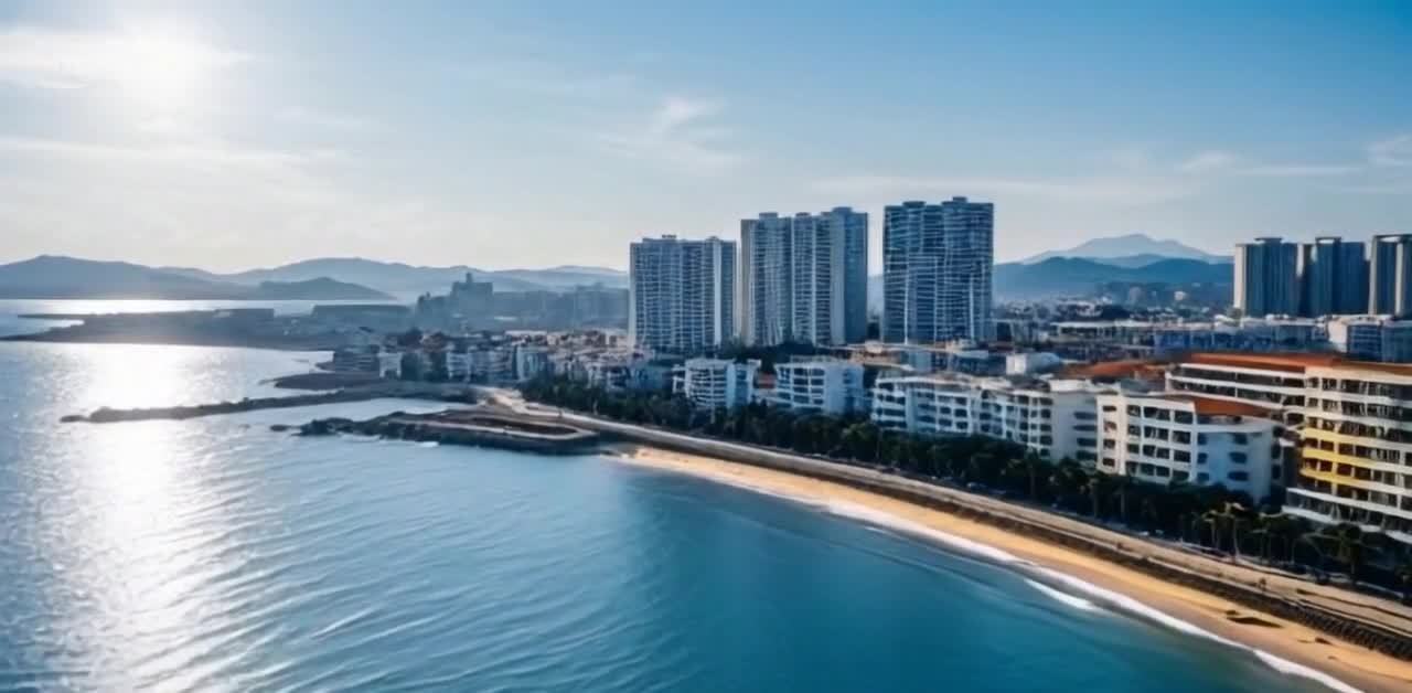 海滨城市高楼，阳光沙滩，碧海蓝天，远处山脉