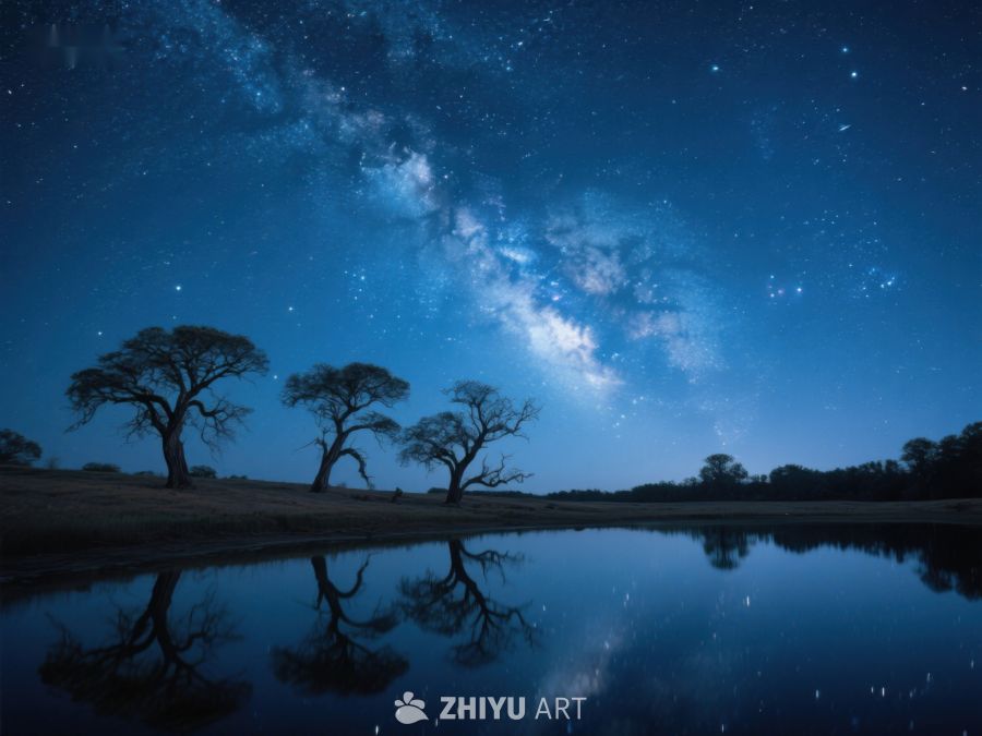 夜空银河映照湖面树影 444