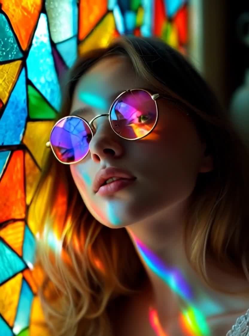 一个年轻女子戴着金色细框眼镜，站在一个彩色玻璃窗前