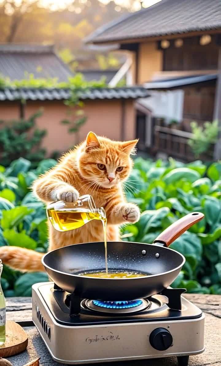 橘猫厨房：正在倒油准备烹饪美食的场景
