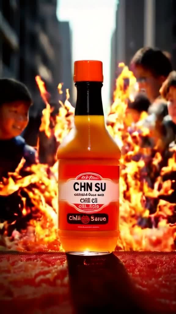 一个瓶装的辣椒酱，标签上印有CHN SU，瓶身呈橙