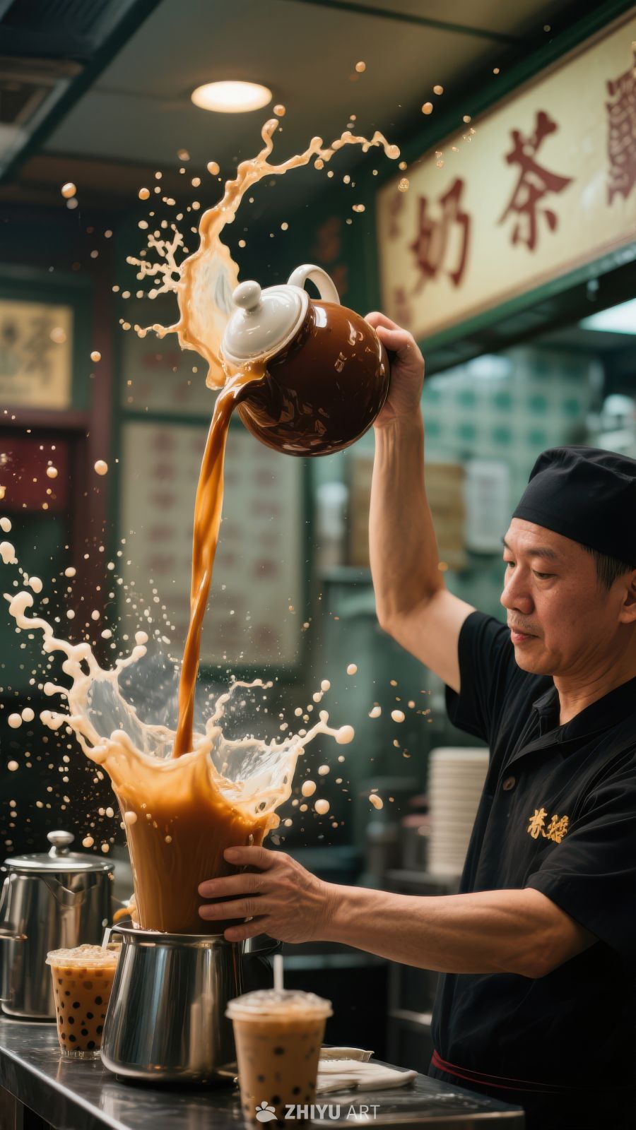奶茶师傅倾倒茶汤，溅起诱人泡沫