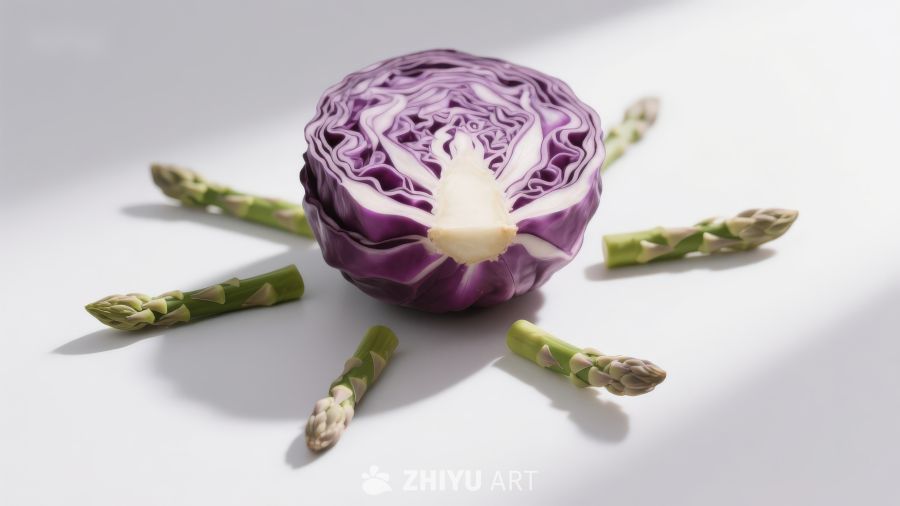 紫甘蓝与芦笋的静物摆拍