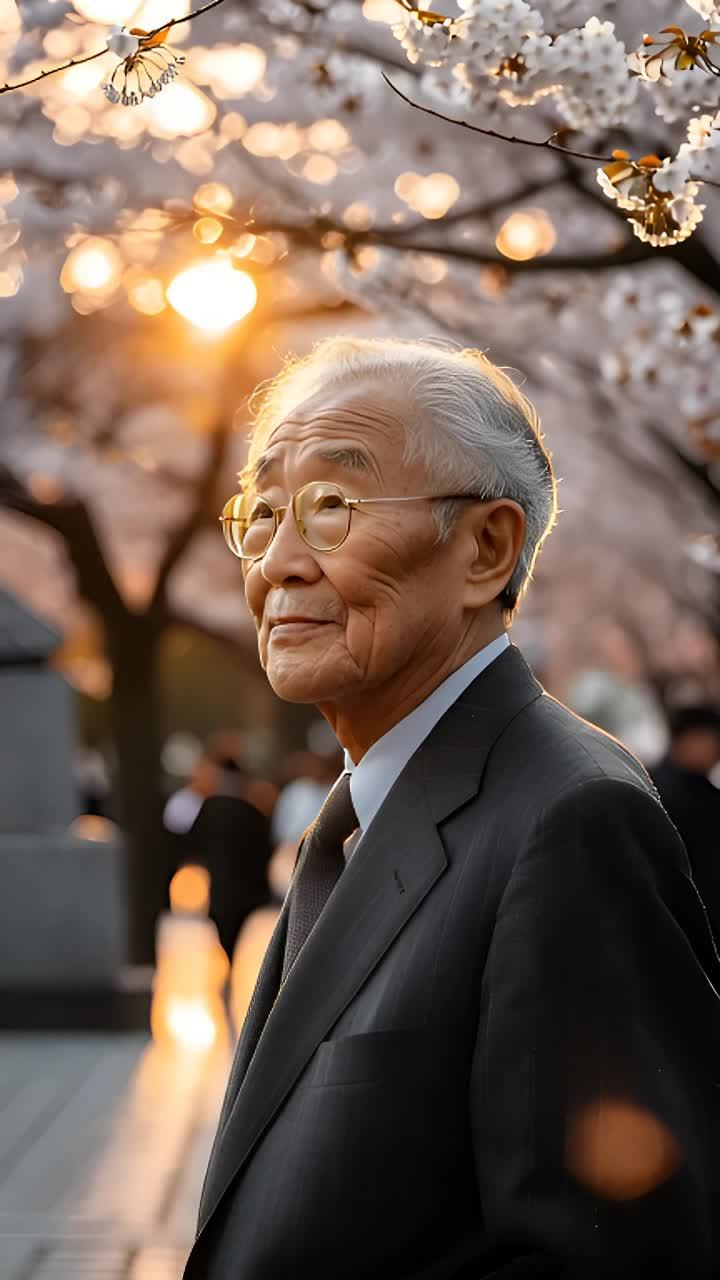 一位戴着眼镜的老年男子穿着西装，背景是开满白色花朵