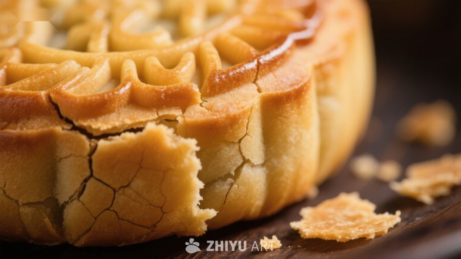 酥皮月饼特写，表面裂纹清晰可见