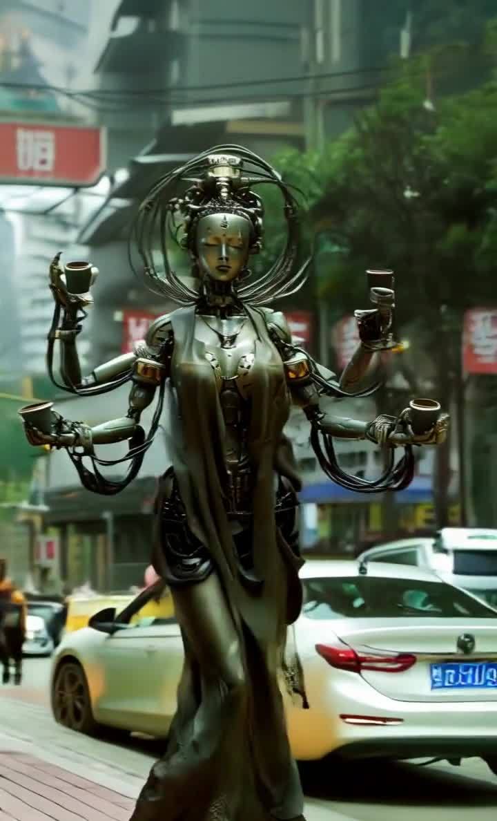 一个金属材质的女性机器人站在街道上，她有六只手臂，