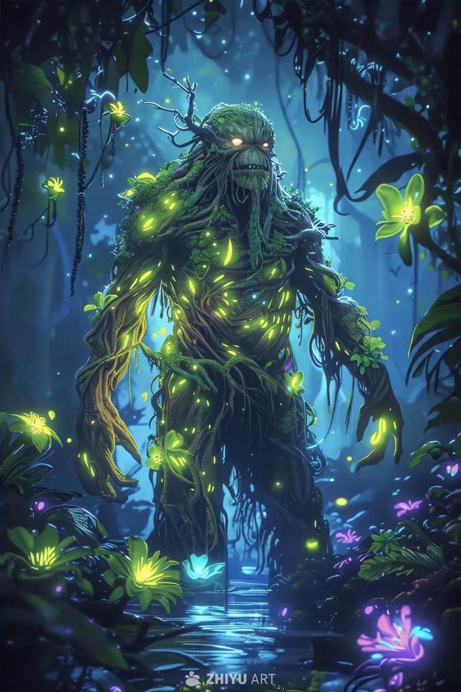 在夜间的生物发光丛林中，一个高大的沼泽怪物化身，由