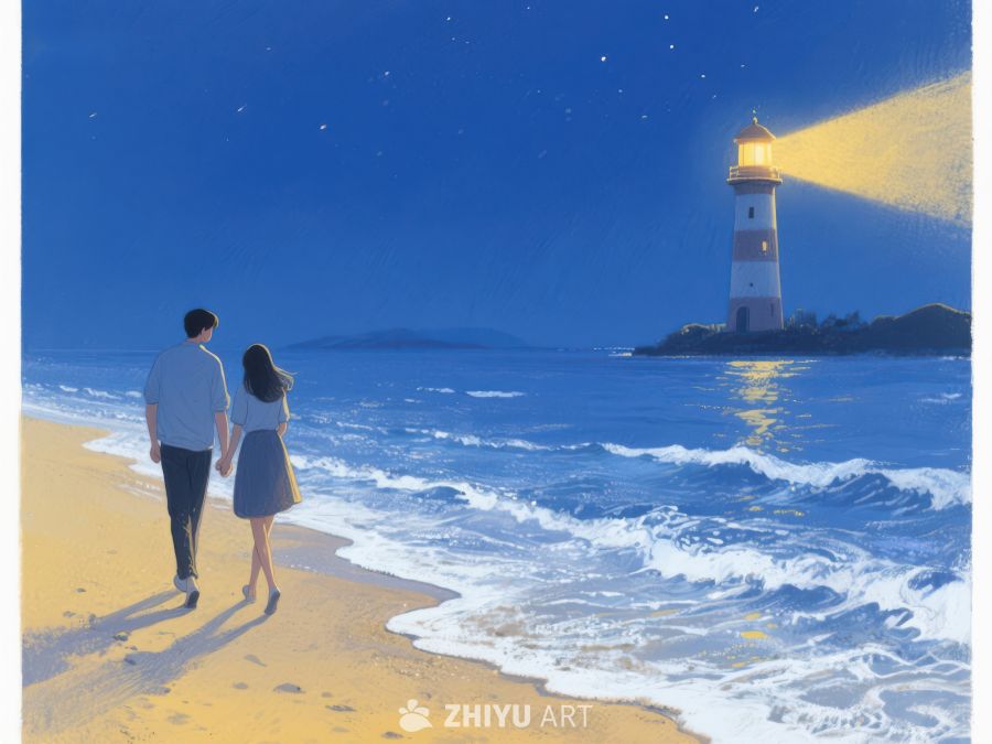 夜色海滩，灯塔指引 1067