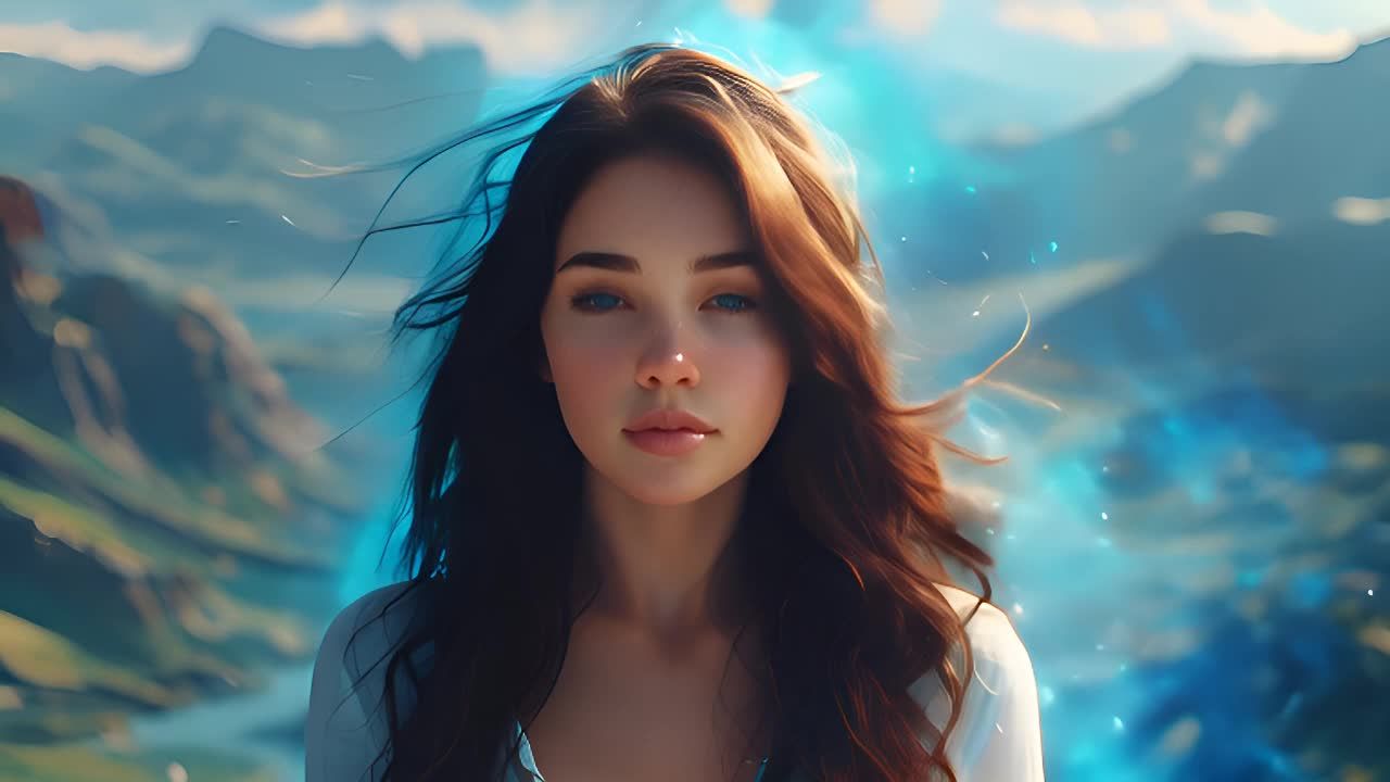 一位棕色长发女性站在镜头前，她的头发在微风中轻轻飘