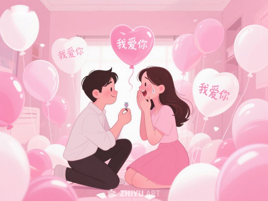 浪漫求婚场景，情侣在气球中相拥 418