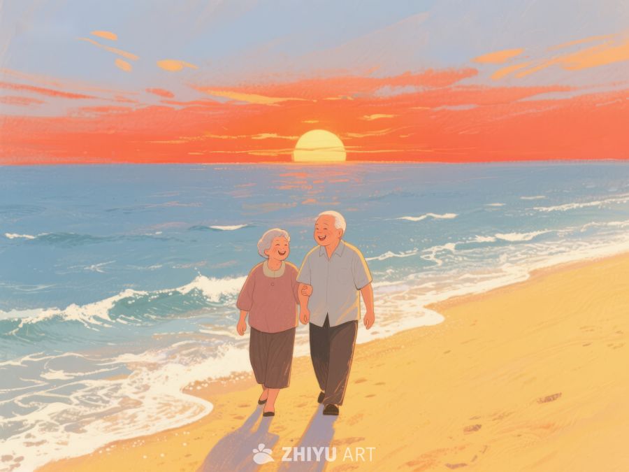 夕阳下海滩漫步的老人 856