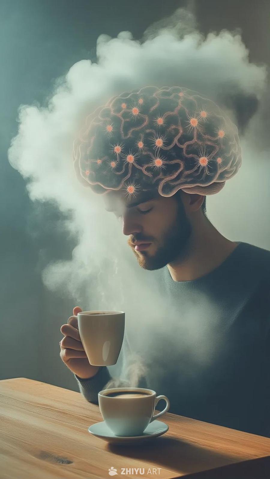 一个留着胡须的男人低头看着一杯咖啡。他的头部上方漂