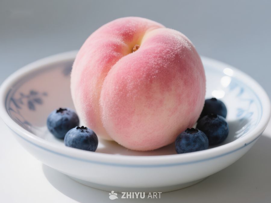 桃子与蓝莓置于瓷盘中 474