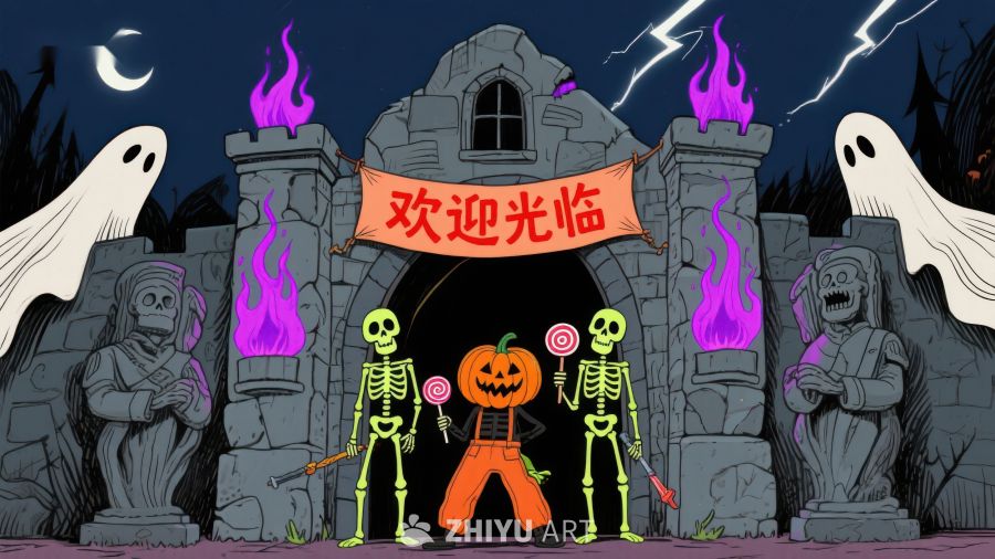万圣节欢迎场景：骷髅与南瓜灯