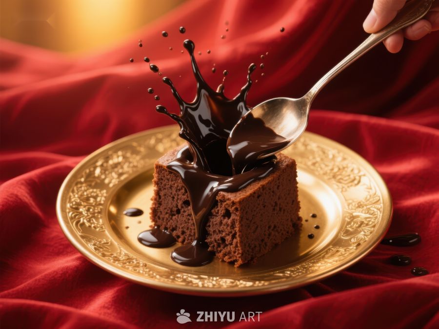 巧克力酱浇灌蛋糕的瞬间