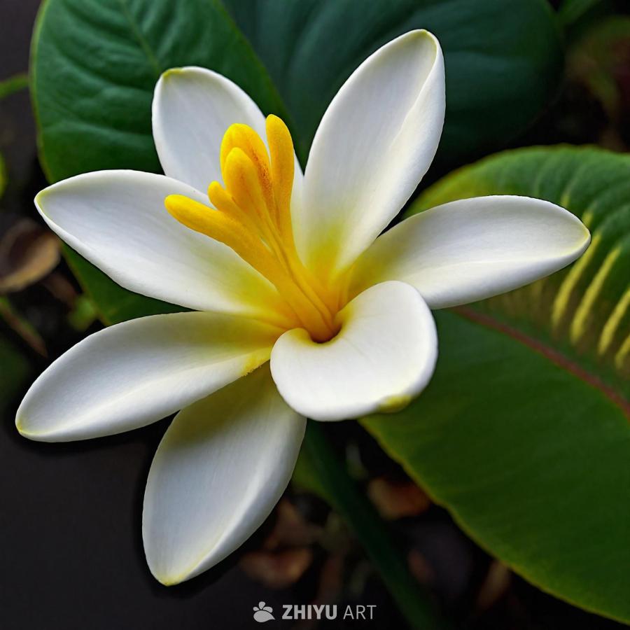 一朵盛开的鲜花，具有大型白色花瓣和黄色花心。这朵花