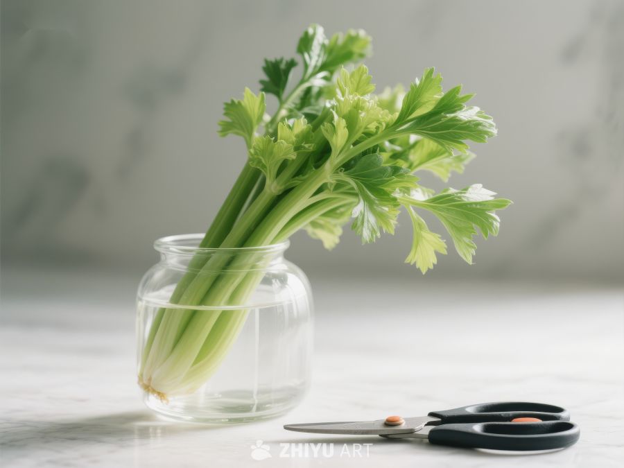 芹菜置于玻璃瓶中，旁置剪刀 339