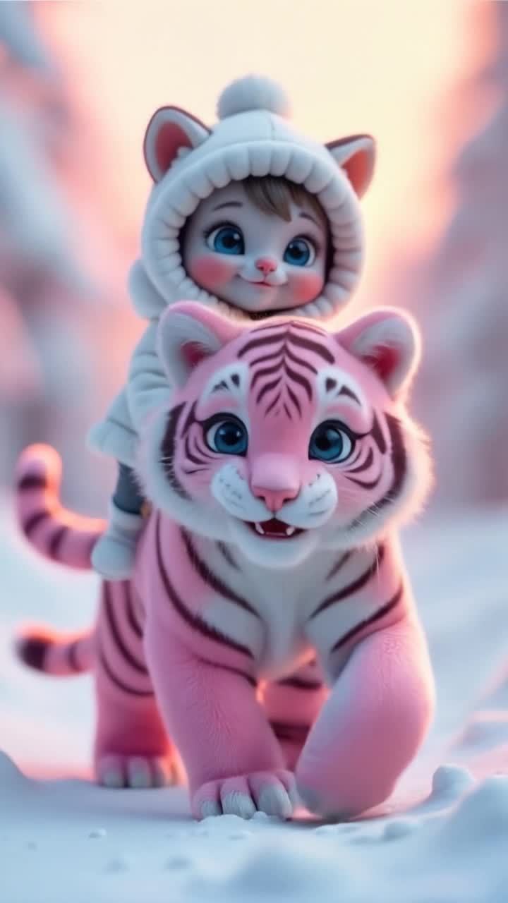 一个穿着白色带帽外套的小孩坐在粉色老虎的背上，小孩