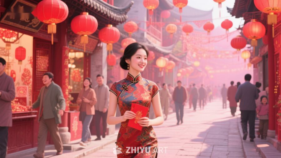 女子身着旗袍漫步古街 94