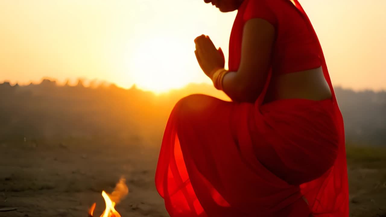 一位身穿传统红色纱丽的女子正在执行Chhath P