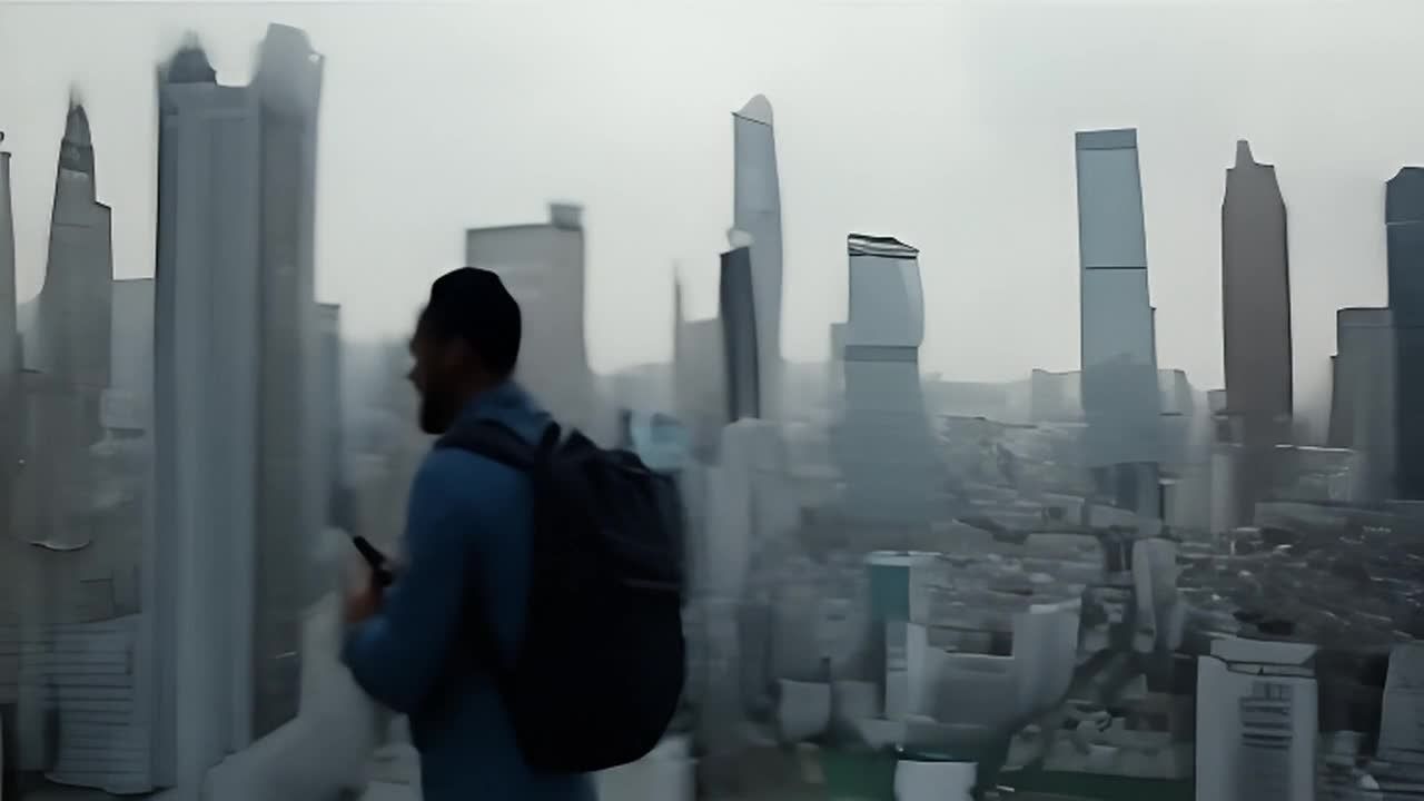 一名男子背着背包，身穿蓝色上衣，在城市背景下行走，