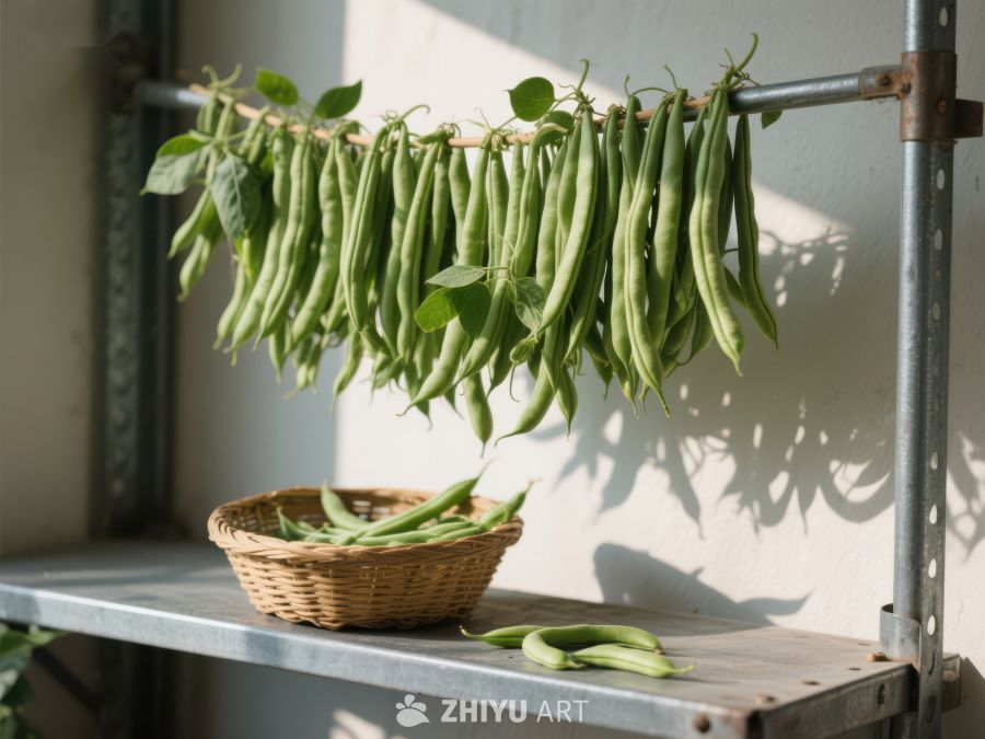 新鲜豆荚悬挂晾晒，篮中盛放 441