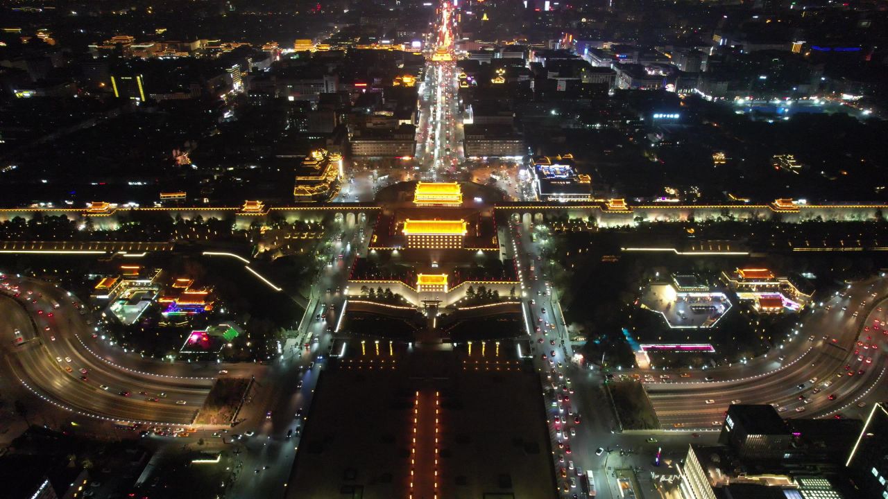 西安永宁门夜景灯光航拍