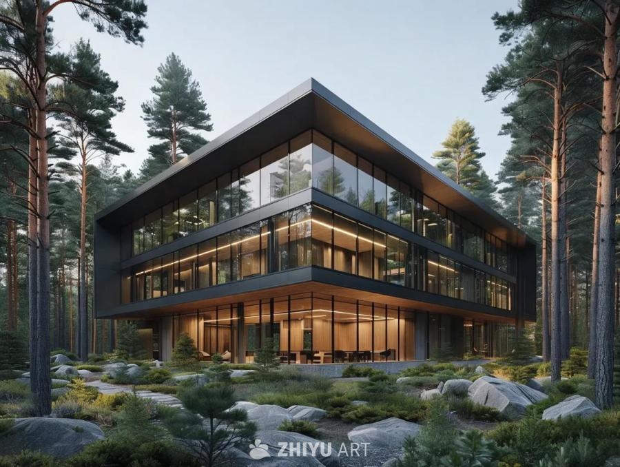 树林中有一栋办公楼。这栋建筑为两层结构，外墙以玻璃