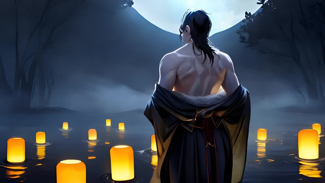 一个背对着镜头的男子站在水中，他赤裸着上身，穿着一