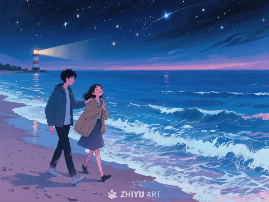夜海边漫步的恋人 954