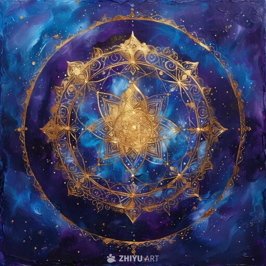深蓝色和紫色的背景上，有一个金色光环在图像中心，光