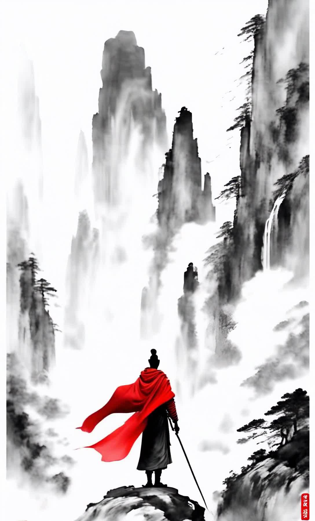 山巅红披风剑客水墨山水画