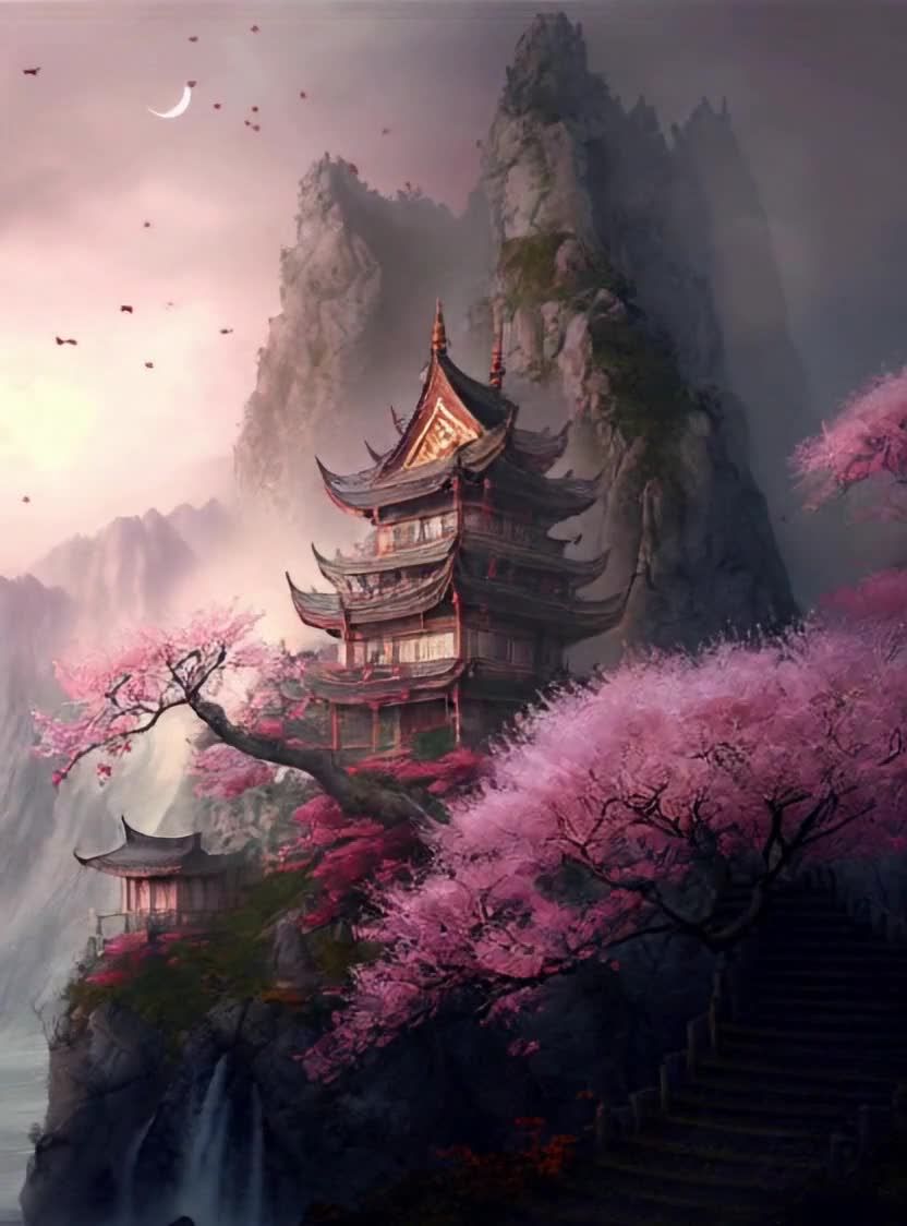 山巅古塔樱花盛开，月下东方古典仙境。