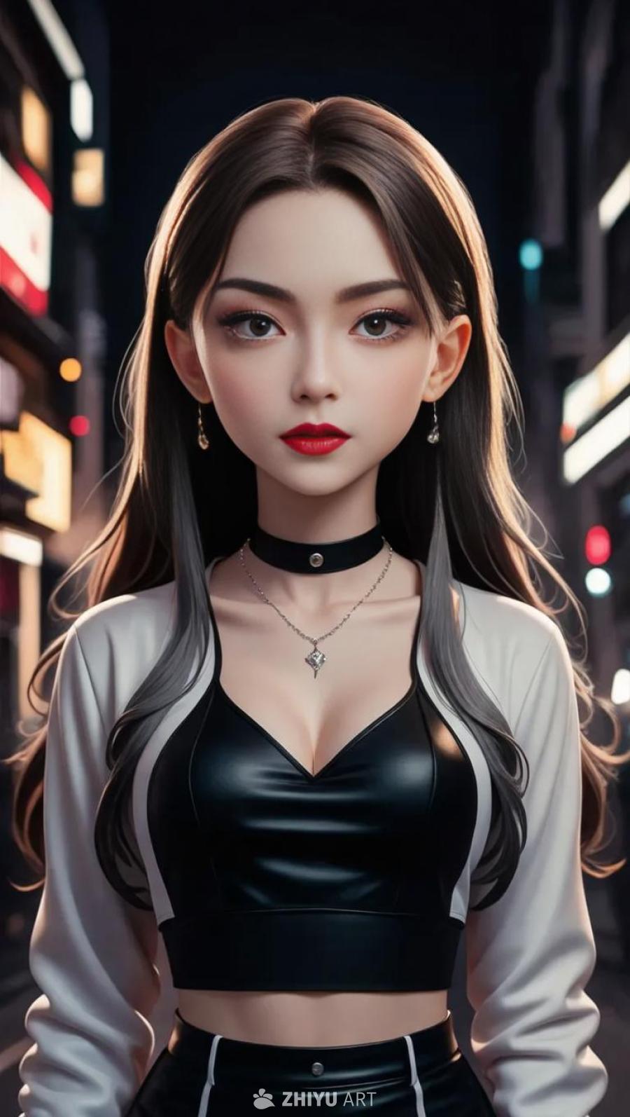 一位女子站立，她有棕色的长发，灰色的眼睛和红色的嘴
