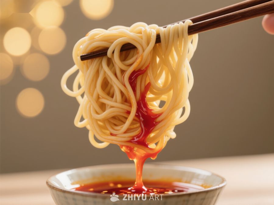 筷子夹起淋有红油的面条 691