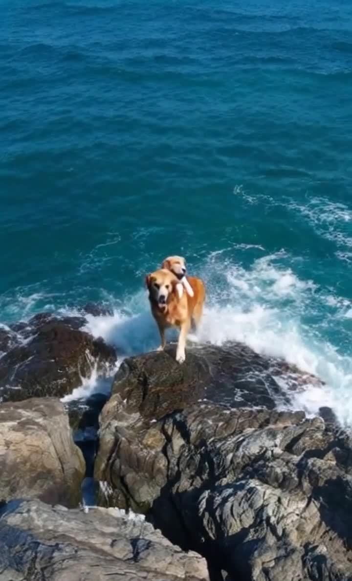 金毛犬礁石守护幼犬，海浪拍打景象温馨