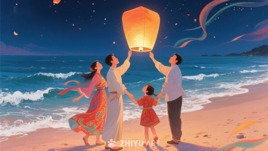 海边夜景，家人共放孔明灯 313