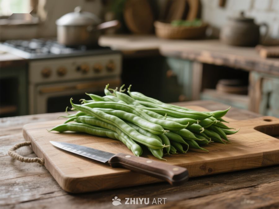 新鲜四季豆与木制砧板 514