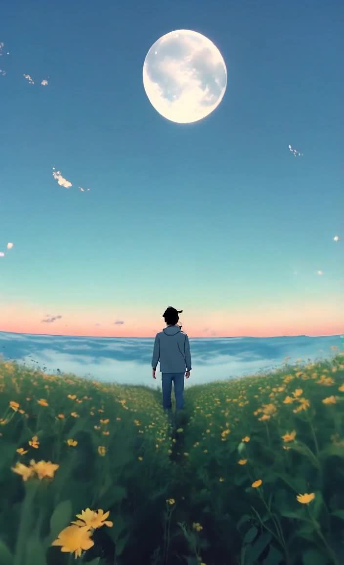 花海少年仰望明月碧海蓝天