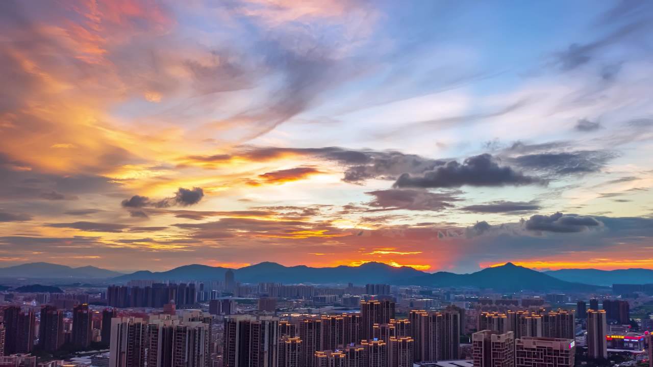 珠海城市黄昏立交桥与高楼景观