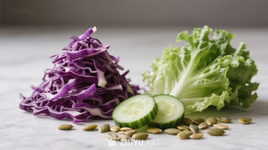 新鲜蔬菜组合：紫甘蓝、生菜与黄瓜