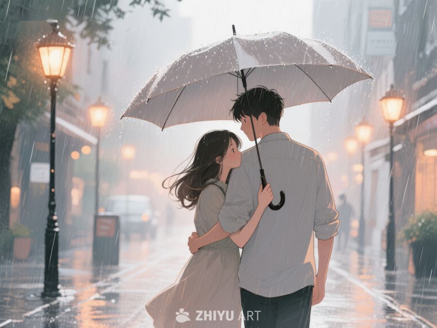 雨中情侣共撑伞温馨漫步 1087