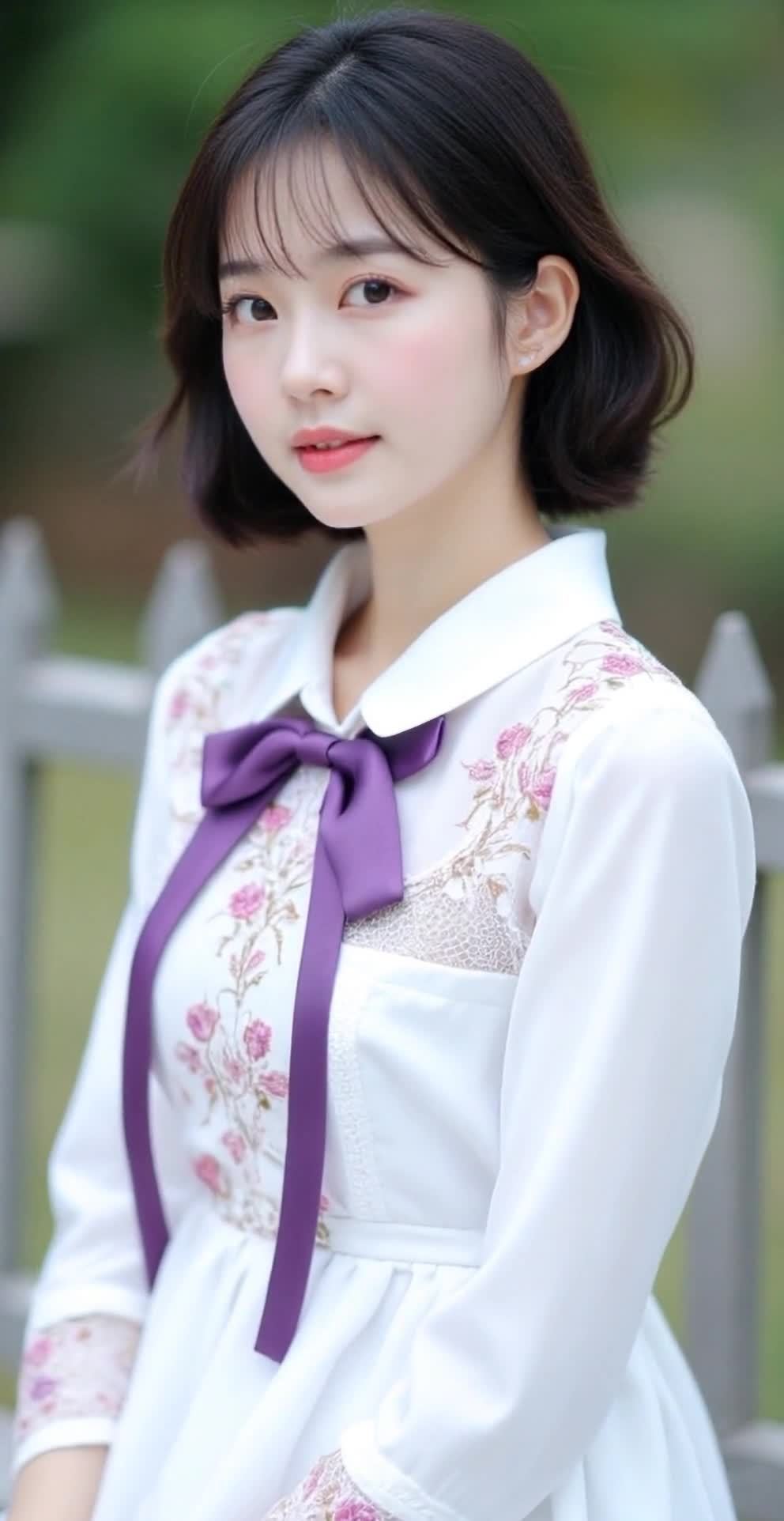 穿白色连衣裙的亚洲女子，微笑面对镜头。