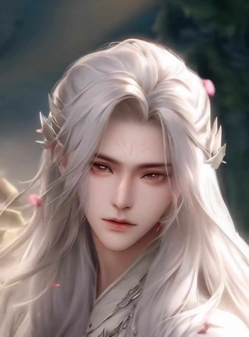 白发红瞳的梦幻男子，叶饰衣领纹饰柔光背景。