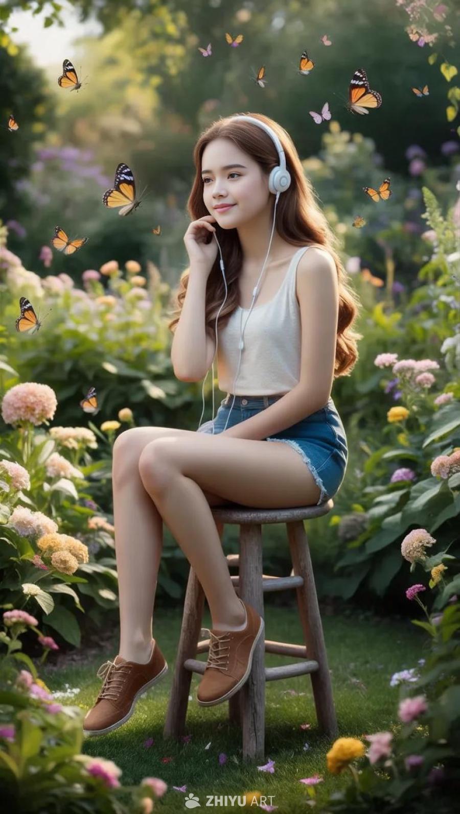 一位年轻女子坐在一个郁郁葱葱的花园里，花园里鲜花盛