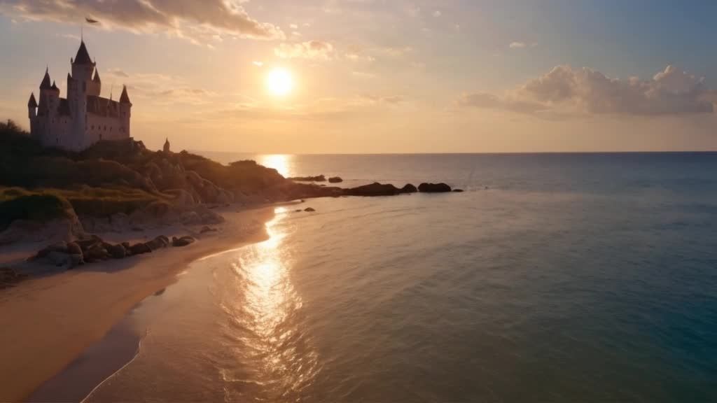海边有一座小城堡。太阳正在落下，海面波光粼粼。一座坐落在海岸线上的城堡，沐浴在落日余晖中的大海。